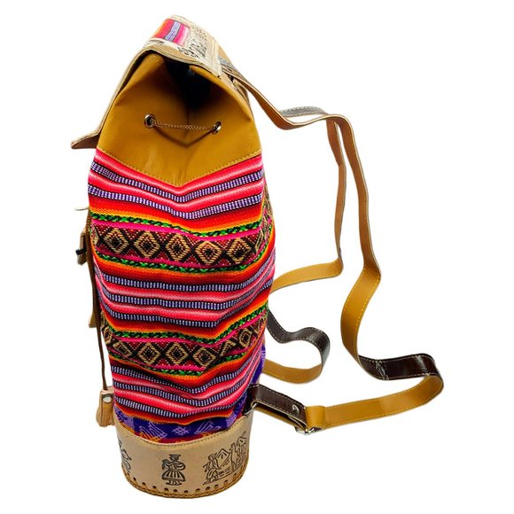 NEW PERU CUSCO WOMEN\'S TEXTILE FABRIC EMBOSSED LEATHER BOHO BACKPACK BAG